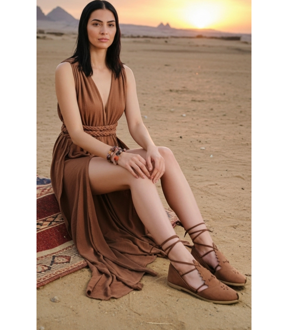 ZALLESHOP HANDMADE ORGANIC FASHION GROUP HANNA %100 Pamuk Kızıl Kahve Örgü Detaylı ElbiseWOMEN'S CLOTHING