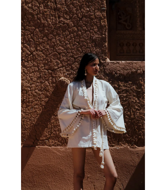 ZALLESHOP HANDMADE ORGANIC FASHION GROUPLOUBNA Fringed Kimono - EcruWOMEN'S CLOTHING