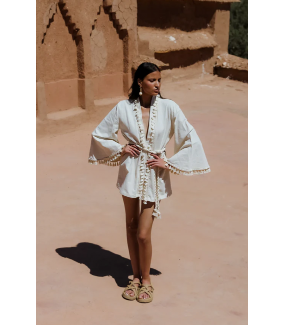 ZALLESHOP HANDMADE ORGANIC FASHION GROUPLOUBNA Fringed Kimono - EcruWOMEN'S CLOTHING