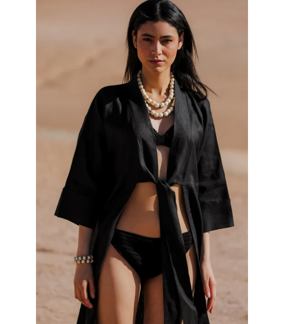 ZALLESHOP HANDMADE ORGANIC FASHION GROUPGHIZLANE Linen Black Long KimonoWOMEN'S CLOTHING